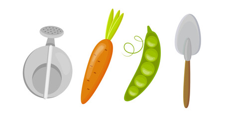 Gardening tools and fresh vegetables set with watering can carrot green pea pod and shovel isolated on white background © Julllia