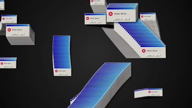Multiple cascading fatal error popup windows on a dark background