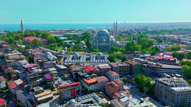 Elevated view of Suleymaniye Mosque and the residential area around it in Istanbul, Turkey. The video highlights the landmark within the wider cityscape.