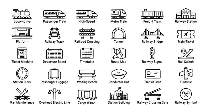 Railway Editable Stroke Outline Icons Set with Train Station Track Ticket Platform and Transport Symbols