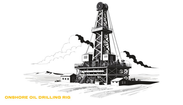 Very beautiful black and white realistic vector illustration of an onshore oil drilling rig featuring a bold label reading "ONSHORE OIL DRILLING RIG", towering drilling derrick, desert terrain, indust