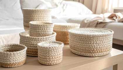 Fototapeta premium Stacked woven baskets filled with assorted cookies and pastries.