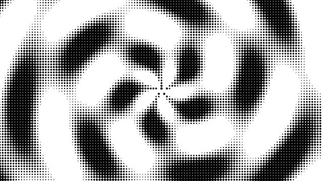 Abstract halftone spiral pattern with black dots on a white background