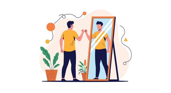 Confident man standing in front of a mirror and giving a fist bump to his reflection for self-motivation and positive mindset.