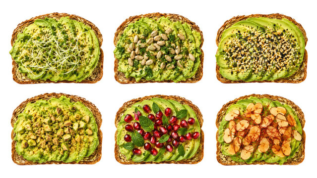 Close-up of six avocado toast variations on multigrain bread with diverse toppings like sprouts, seeds, pomegranate, nuts and spices
