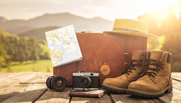 Vintage leather camera bag with accessories on wooden table outdoors.