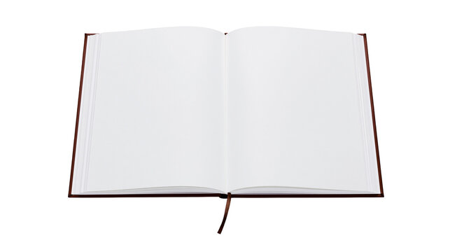 Open brown leather bound book with blank white pages, isolated on transparent background