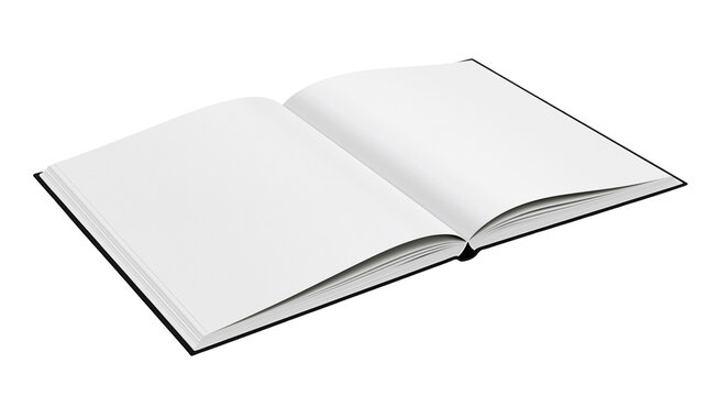 Open black hardcover book with blank white pages, isolated on transparent background