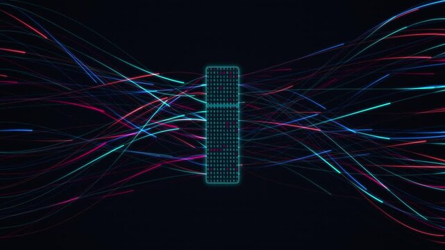 Abstract digital data stream with binary code and glowing fiber optic light trails