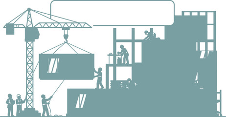 Obraz premium Construction Site Scene with Crane and Workers Building High Rise Structure