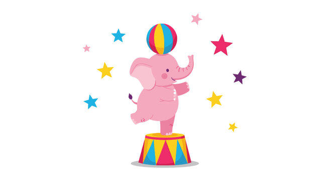 Playful pink baby elephant performing a circus trick by balancing on one leg with a colorful ball on its head.