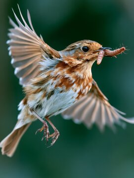 Close-up of a robin in flight holding an earthworm in its beak.