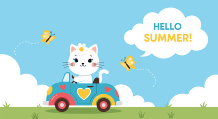 Fototapeta premium Adorable white cat with a flower on its head driving a blue toy convertible car on a green meadow, wishing a hello summer.