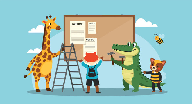 Friendly forest animals working together to post paper notices on a wooden bulletin board under a clear blue sky.