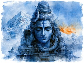 Fototapeta premium Lord Shiva watercolor portrait with Himalayan mountains and cobra snake. Spiritual Hindu deity illustration in blue tones for religious festivals, meditation posters, branding and