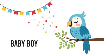 Fototapeta premium Cute blue parrot perched on a tree branch next to the text Baby Boy under a colorful party bunting garland on white background.