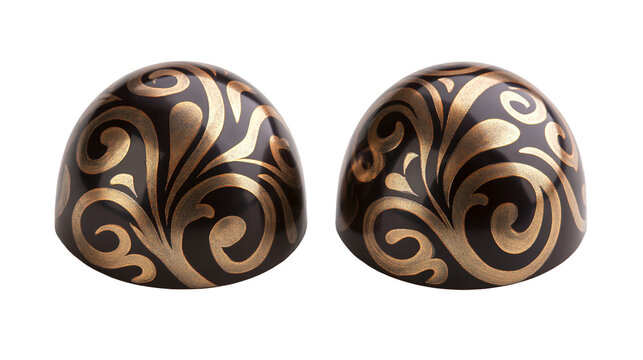 Two dark brown dome-shaped chocolates with gold ornate swirls, isolated on transparent background