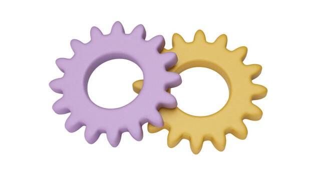 Two interlocking gears one purple and one yellow, isolated on transparent background