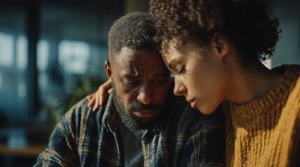 Fototapeta premium African american woman offering comforting embrace to a distressed man, sharing a moment of sadness, grief, and emotional connection, highlighting support, care, and vulnerability