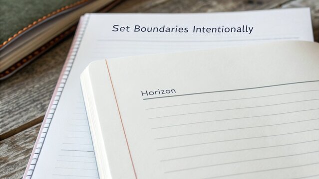 Open planner page with motivational phrases about setting boundaries and creating a horizon for personal growth and focus