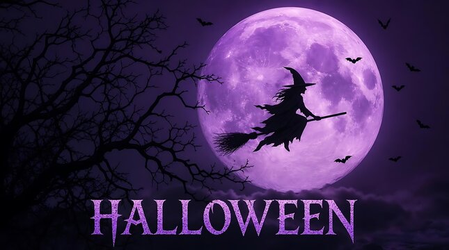 Witch flying on a broomstick against a large purple full moon for halloween