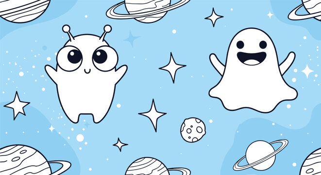 Cute alien and a friendly ghost floating together in a space-themed background filled with planets, stars, and moons.