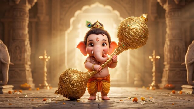 Baby Ganesha with Golden Gada &ndash; Divine Guardian of Strength
