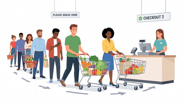 People queue at supermarket concept. Man and woman with shopping carts and vegetables. Marketing, guys and girls in waiting line. Cartoon flat vector illustration isolated on white background