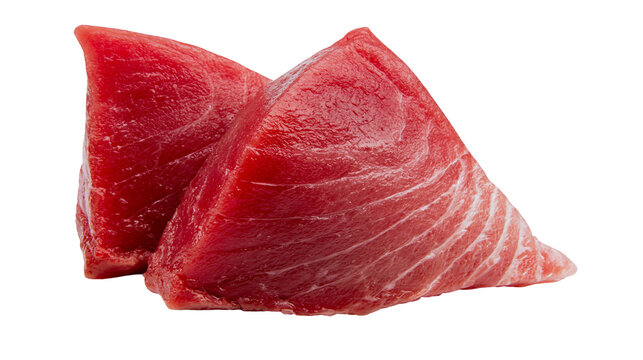 Two raw tuna steaks with visible white marbling, isolated on transparent background
