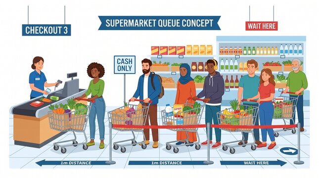 People queue at supermarket concept. Man and woman with shopping carts and vegetables. Marketing, guys and girls in waiting line. Cartoon flat vector illustration isolated on white background