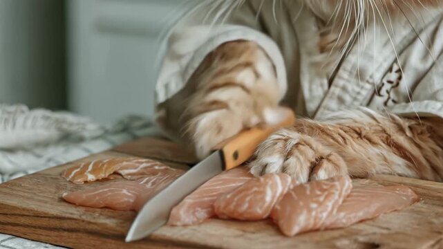 Funny ginger cat wearing a chef uniform carefully slicing fresh salmon fillet with a knife on a wooden cutting board, preparing a delicious meal in a kitchen for a special pet diet