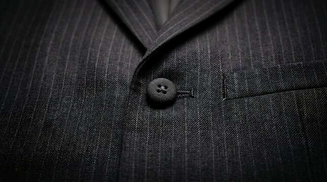 Luxury black pinstripe business suit close up with tailored lapel and button detail for professional fashion