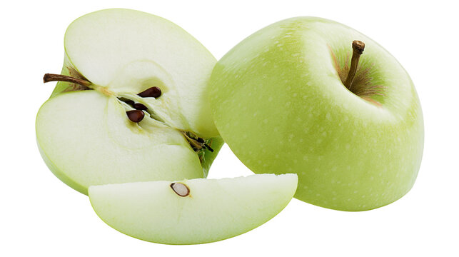 Whole green apple half apple with seeds, and a slice isolated on transparent background