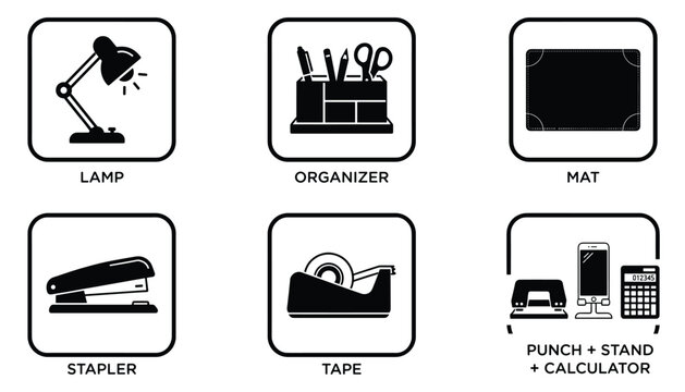 Office desk accessory icon set including lamp stapler tape and organizer vector illustration bundle.
