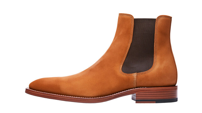 Brown suede Chelsea boot with elastic side panels, isolated on transparent background