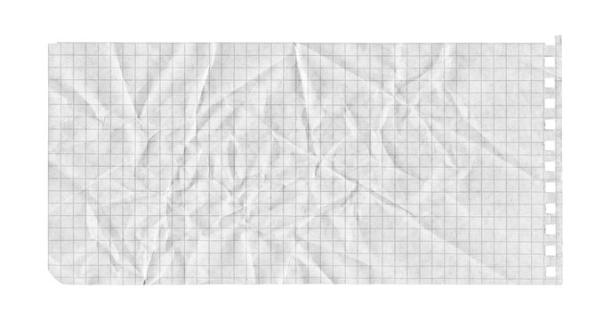 Crumpled notebook paper texture with faint grid lines, broad diagonal fold marks, soft vertical wrinkles, right spiral perforations, rounded strip edges on transparent background