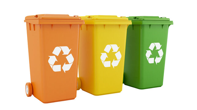 Orange yellow and green recycling bins with white recycle symbols, isolated on transparent background