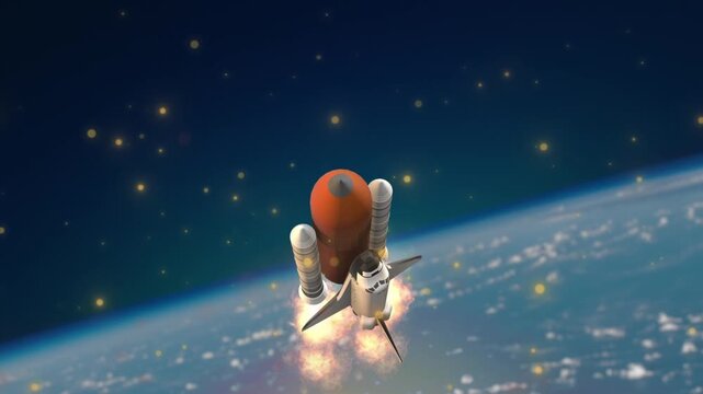 Space shuttle ascends through the atmosphere while leaving the earth behind in a mission to orbit.