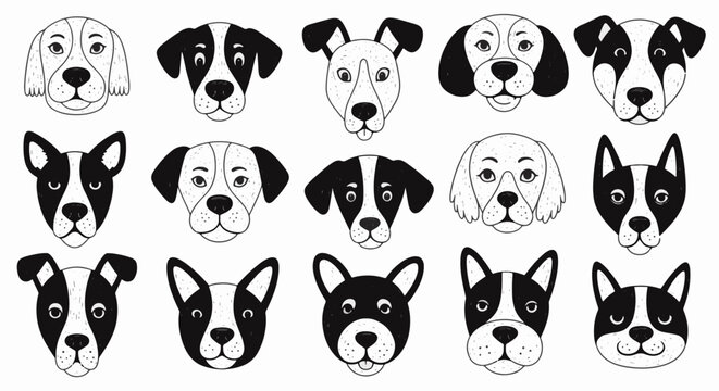 Hand-drawn collection of fifteen black and white whimsical dog face illustrations featuring various breeds with different ear shapes and patterns on a plain white background.