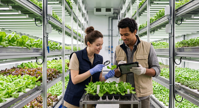 Diverse agronomists inspecting plants in high tech indoor vertical farm.