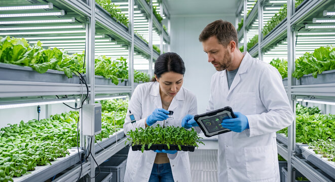 Diverse agronomists inspecting plants in high tech indoor vertical farm.