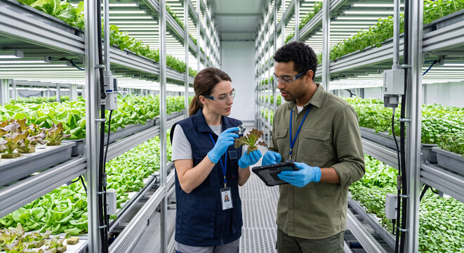Diverse agronomists inspecting plants in high tech indoor vertical farm.