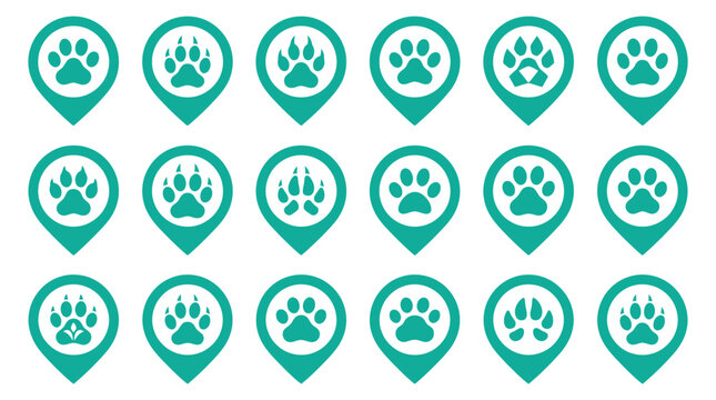 Set of 18 teal map pin icons featuring various animal paw prints and tracks, including domestic pets and wild species, isolated on white for GPS navigation and mapping interface use.