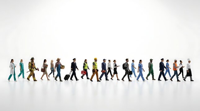 A long line of diverse miniature people figures representing various professions walking on a white background.