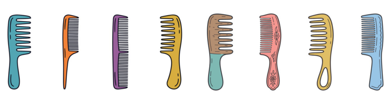 Colorful combs illustration vector set for hair care and beauty styling hygiene.