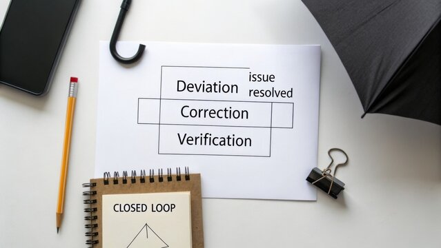 Paperwork showing deviation resolution process including correction and verification with office supplies on white desk