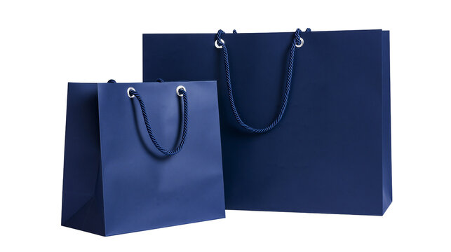 Two dark blue paper shopping bags with rope handles, isolated on transparent background