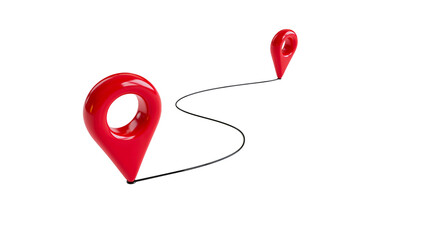 Two glossy red map pins connected by a thin black line, isolated on transparent background
