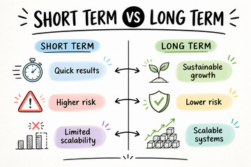 Naklejka premium A comparison chart illustrates the differences between short term and long term strategies regarding results, risk, scalability, and growth.