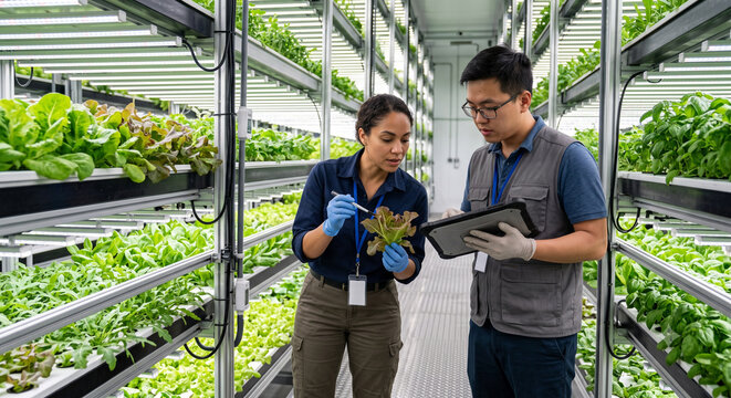 Diverse agronomists inspecting plants in high tech indoor vertical farm.